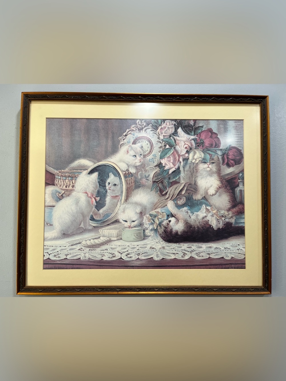 Vintage H.G. Plumb The Five Senses Kitten Print Framed Cat Art Cottagecore Chic